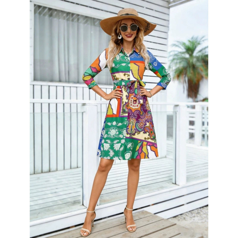 ZARA Womens Retro Summer Printed Cinched Waist Dress with Cardigan and Belt